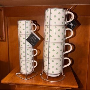Stacked Ceramic Mugs with Green Shamrock Pattern - Coffee and Espresso